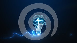 Wireframe light bulb with energy wave, Digital light bulb concept on a dark blue background, depicting innovation and technology,