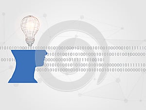 Wireframe lightbulb above human head model on digits background represents concept of engineering and innovation.