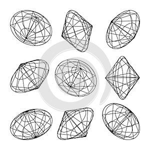 Wireframe lined shapes. Perspective mesh, 3d grid. Low poly geometric elements. Retro futuristic design elements, y2k
