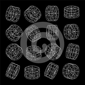 Wireframe lined shapes. Perspective mesh, 3d grid. Low poly geometric elements. Retro futuristic design elements, y2k