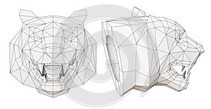 wireframe low poly tiger head in profile and full face