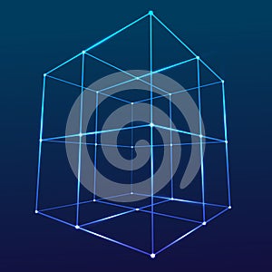 Wireframe Mesh Cube. Connected dots and lines.