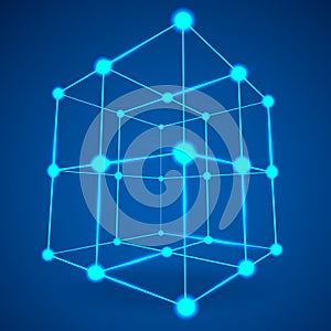 Wireframe Mesh Cube. Connected dots and lines.