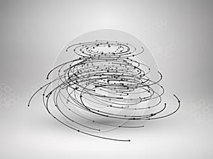 Wireframe mesh element. Abstract swirl form with connected lines and dots.