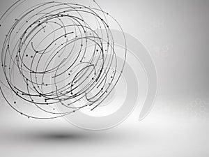 Wireframe mesh element. Abstract swirl form with connected lines and dots.