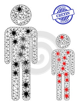 Wireframe Mesh Idiot Person Pictograms with Virus Parts and Textured Round Cretin Badge