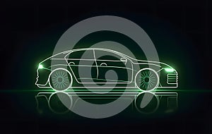 Wireframe model of green modern electric car on black background.