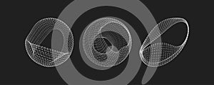 Wireframe object with lines and dots. Abstract 3D connection structure. Geometric shape for design. Molecular grid. Vector
