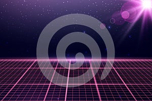 Wireframe perspective grid with lens flare. Space neon infinity mesh, abstract retro background. Vector illustration