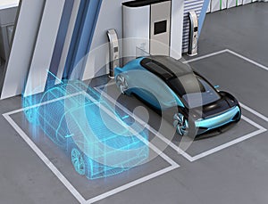 Wireframe rendering of Fuel Cell powered autonomous car in Fuel Cell Hydrogen Station