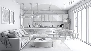 Wireframe rendering of a modern open-plan living room with kitchen and dining area