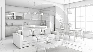Wireframe rendering of a modern open-plan living room with kitchen and dining area