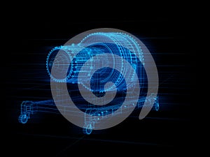 Wireframe rendering of turbojet engine on black background