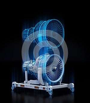 Wireframe rendering of turbojet engine and mirrored physical body on black background