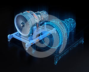 Wireframe rendering of turbojet engine and mirrored physical body on black background