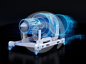 Wireframe rendering of turbojet engine and mirrored physical body on black background