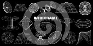 Wireframe retro futuristic abstract shapes. Vector set of geometrical 3d spheres, perspective grids