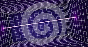 Wireframe room 3d perspective with glowing laser line on grid background. Abstract blue pink neon rectangle box interior