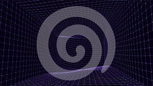 Wireframe room on the violet background. Vector perspective grid. Box with digital space