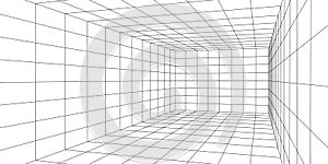 Wireframe room on the white background. Vector perspective grid. Box with digital space