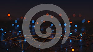 Wireframe shape of network with glowing nodes 3D render illustration