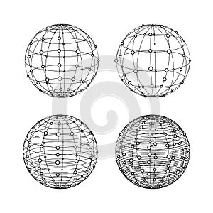 Wireframe spheres set. Globe symbols with dots