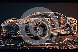 Wireframe of sports car in dark environment. Generative Ai