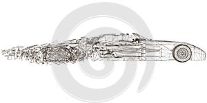 Wireframe of a sports car Isolated on a white background. The car collapses into many fragments. Side view. Vector