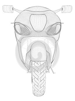 Wireframe of a sports motorcycle from black lines isolated on white background. Front view. 3D. Vector illustration photo