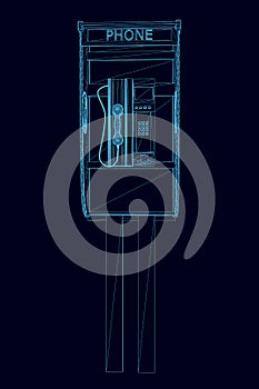 Wireframe of a street telephone booth made of blue lines, isolated on a dark background. Front view. 3D. Vector