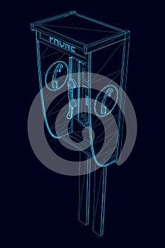 Wireframe of a street telephone booth made of blue lines, isolated on a dark background. Isometric view. 3D. Vector