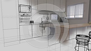 Wireframe style kitchen 3d rendering interior scene