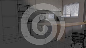 Wireframe style kitchen 3d rendering interior scene