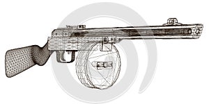 Wireframe submachine gun Shpagin. Soviet old machine gun. View perspective. 3D. Vector illustration