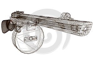 Wireframe submachine gun Shpagin. Soviet old machine gun. View perspective. 3D. Vector illustration