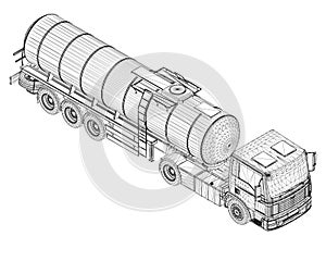 Wireframe of a tank truck for transportation of gasoline from black lines isolated on a white background. Truck with a