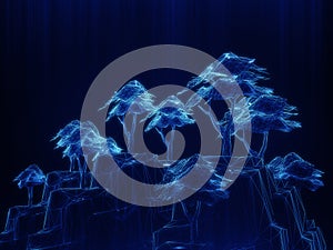 Wireframe of Trees and cliff model, abstract forest background.