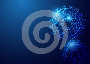 Wireframe two gear sign mesh from a starry on blue background