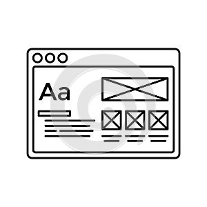 Wireframe in window lined icon. Website page line icon. Web page user interface in browser window. Isolated vector lined