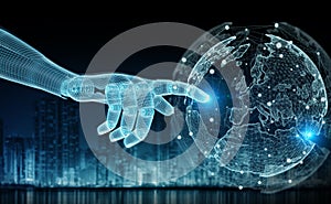 Wireframed blue robot hand touching digital world on dark background 3D rendering