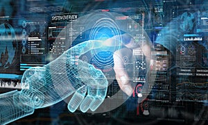 Wireframed robot hand and human hand touching digital graph interface on dark 3D rendering