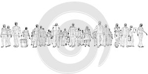 Wireframes of people go, stand in different poses isolated on white background. Front view. 3D. Vector illustration