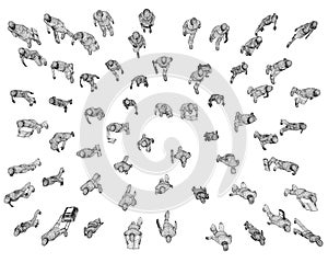 Wireframes of people go, stand in different poses isolated on white background. View from above. 3D. Vector illustration