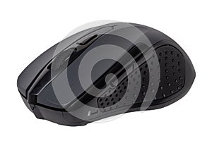 Wireless black computer mouse isolated on a white background. Home office, remote work during corona pandemic. Clipping path.