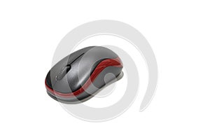Wireless black and red computer mouse isolated on white background.