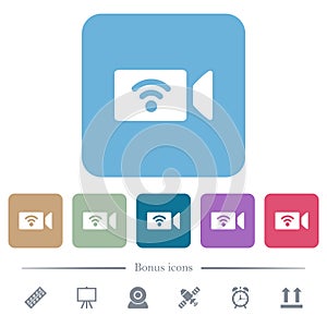 Wireless camera flat icons on color rounded square backgrounds