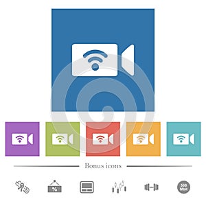 Wireless camera flat white icons in square backgrounds