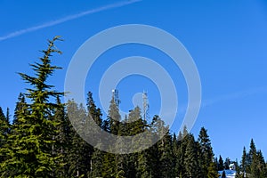 Wireless cell site with antenna mounted on self-supporting towers in a forested mountain landscape on a sunny day