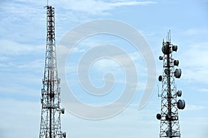 Telecommunication tower with antennas with blue sky.