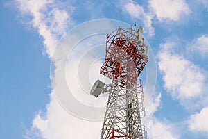 Wireless Communication Antenna Transmitter. Telecommunication tower with antennas on blue sky background.